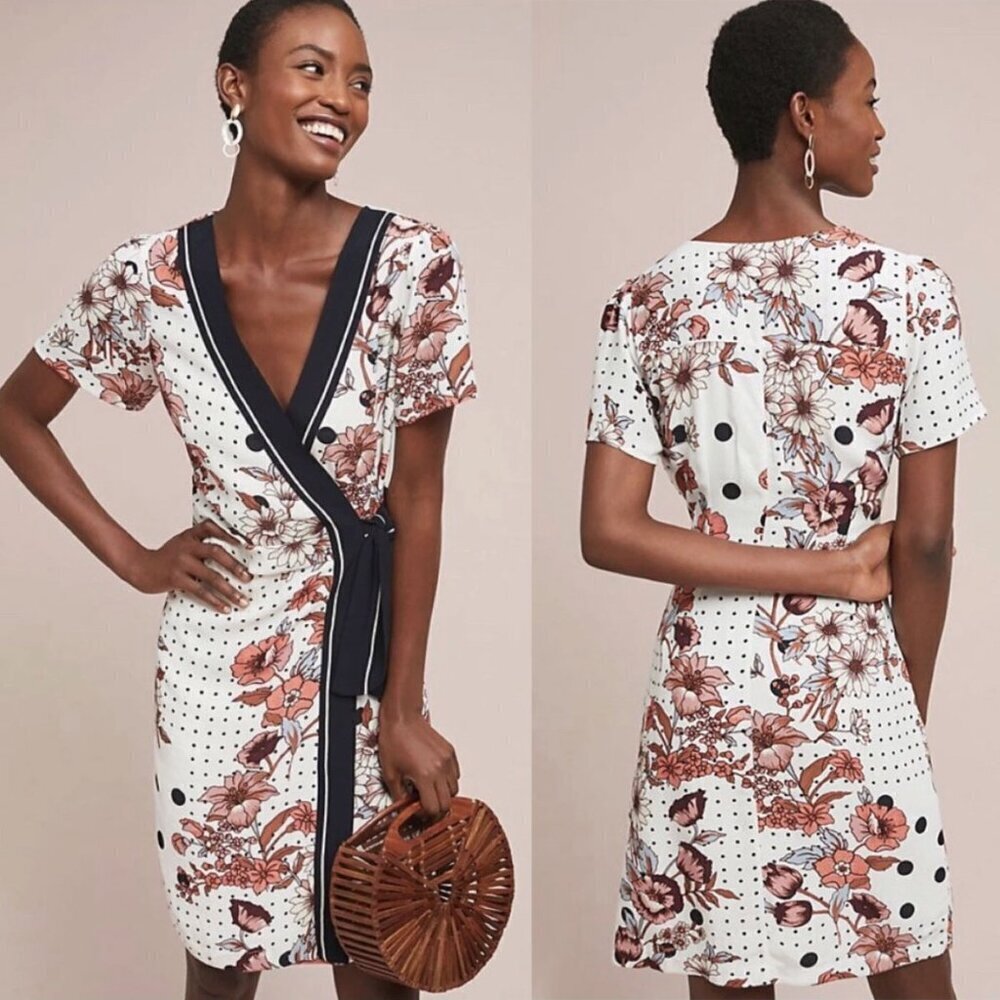 ANTHROPOLOGIE x Maeve Aubrey Short Sleeved Floral Polka Dot Faux Wrap Dress, 4